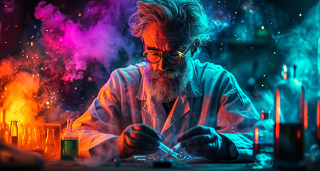 Eccentric scientist with colorful explosive reactions in a vibrant, psychedelic laboratory setting - obrazy, fototapety, plakaty