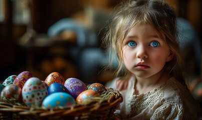 Fototapeta na wymiar Portrait of a Young Girl with Big Blue Eyes Beside a Basket of Colorful Easter Eggs, Capturing a Moment of Wonder