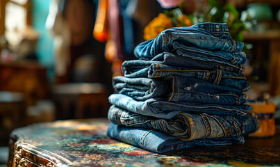 Stack of Various Shades of Blue Jeans Neatly Folded on a Table, Representing Casual Fashion and Denim Trends