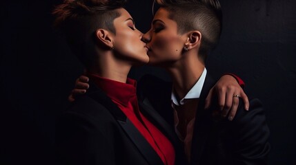 Pretty girl kisses her attractive brunette girlfriend in a suit on a black background. Love, diversity and kiss, lesbian couple on studio background in happy lgbt relationship together.