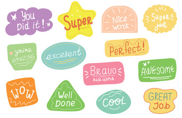 Job and great job stickers vector illustration. School reward, encouragement sign, stamp. Educational kids design. 