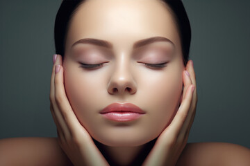 Close up on her face with Smooth skin ,Woman with beauty face touching healthy facial skin portrait