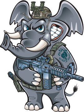 Cartoon style war Elephant  in military gear holding assault rifle
