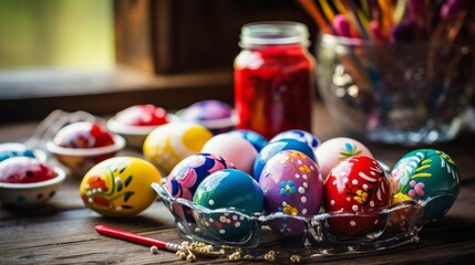 Happy Easter! Painting eggs. Paints, felt-tip pens, brushes, decorated eggs on table. Family preparing for Easter. Selective focus.