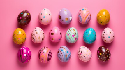Fototapeta na wymiar Image of multi coloured variety easter eggs on pink background. Easter, religion, tradition and celebration concept.