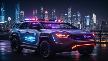 Futuristic megacity: Cyber patrol vehicle flashes lights, holographic firewalls adorn skyline. Vigilance against cyber threats in fast-paced security. generative AI