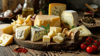 A set of different types of hard cheese and spices for many delicious dishes 