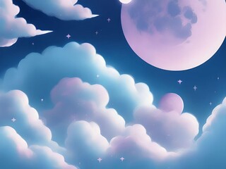 2D Anime Clouds with Stars and Clouds in Midnight Sky Illustration