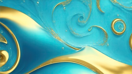 Gold Luxury swirls waves on cyan background. Shiny golden sparkling water droplets backdrop
