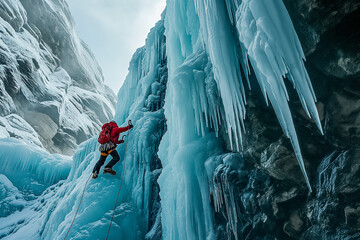 An ice climber ascends a frozen waterfall surrounded by impressive icicles, exhibiting extreme sports and winter adventure - obrazy, fototapety, plakaty
