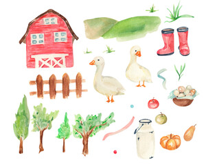 Watercolor farm clipart. Farm illustration with goose's, farm house, vegetables, trees.