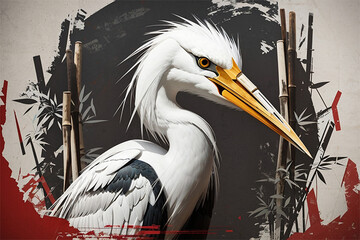 Fototapeta premium Heron bird with bamboo