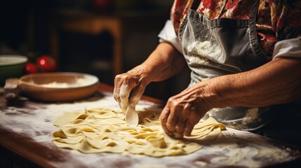 Senior woman in apron preparing delicious homemade italian pasta on her kitchen. Cropped close up photo of female hands making dough. - Powered by Adobe