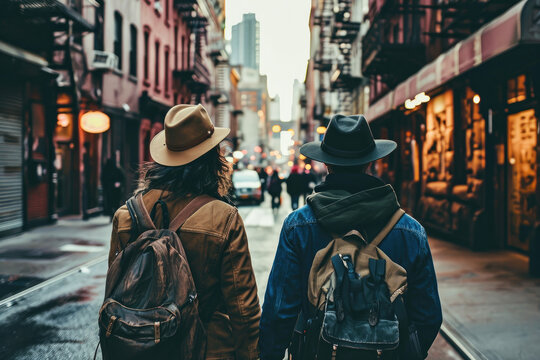 a tourist couple walking on the city street