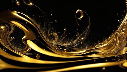 Gold Luxury swirls waves on Black background. Shiny golden sparkling water droplets backdrop