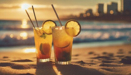 Summer drinks on the beach in sunset