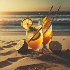 Summer drinks on the beach in sunset
