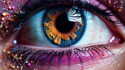 Close-up of a Human Eye with Vivid Colors and Glitter Detail