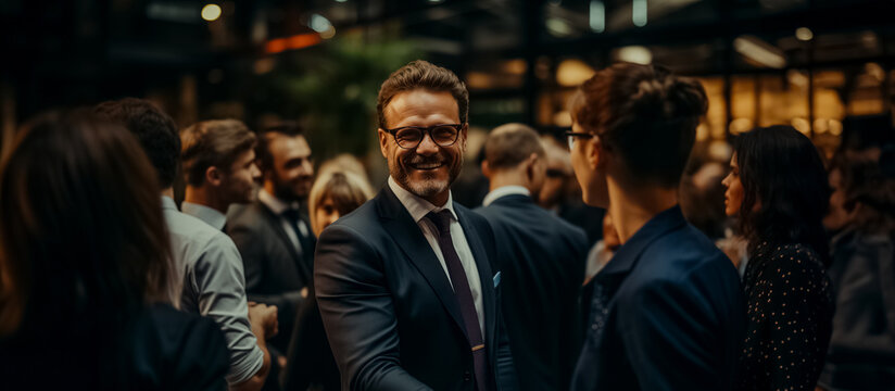 A smiling businessman in glasses and a suit at a networking event, surrounded by other professionals engaging in conversation