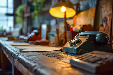 Vintage-style office with an old rotary telephone on a wooden desk, illuminated by warm light, evoking a sense of nostalgia