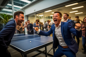 Two enthusiastic men in business suits celebrate during a competitive game of table tennis in a lively office environment, showcasing teamwork and office recreation - obrazy, fototapety, plakaty