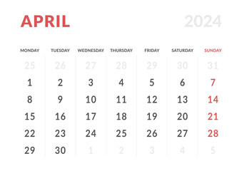 Monthly page Calendar Planner Templates of April 2024. Vector layout of simple calendar with week start Monday for print. Page for size A4 or 21x29.7 cm