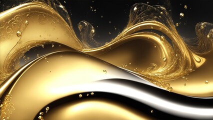 Gold Luxury swirls waves on Gray background. Shiny golden sparkling water droplets backdrop