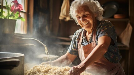 Italian senior woman with gray hair making homemade pasta, gnocchi on wooden table. Satisfied grandma preparing dinner for the her big family.