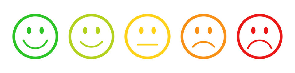Rating emojis set in different colors outline. Feedback emoticons collection. Very happy, happy, neutral, sad and very sad emojis. Flat icon set of rating and feedback emojis icons color outline. - obrazy, fototapety, plakaty