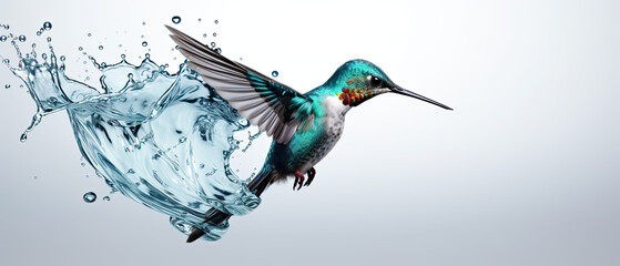 Obraz premium Ethereal Hummingbird Gliding Through a Splash of Crystal Blue Water