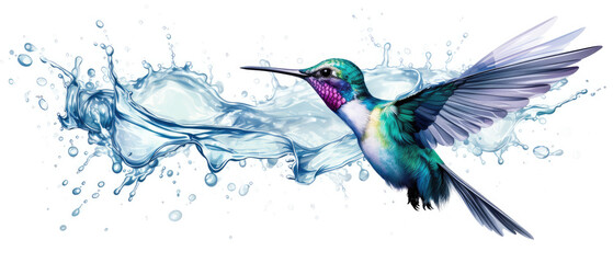 Obraz premium Hummingbird in Flight Drinking from a Glistening Water Stream