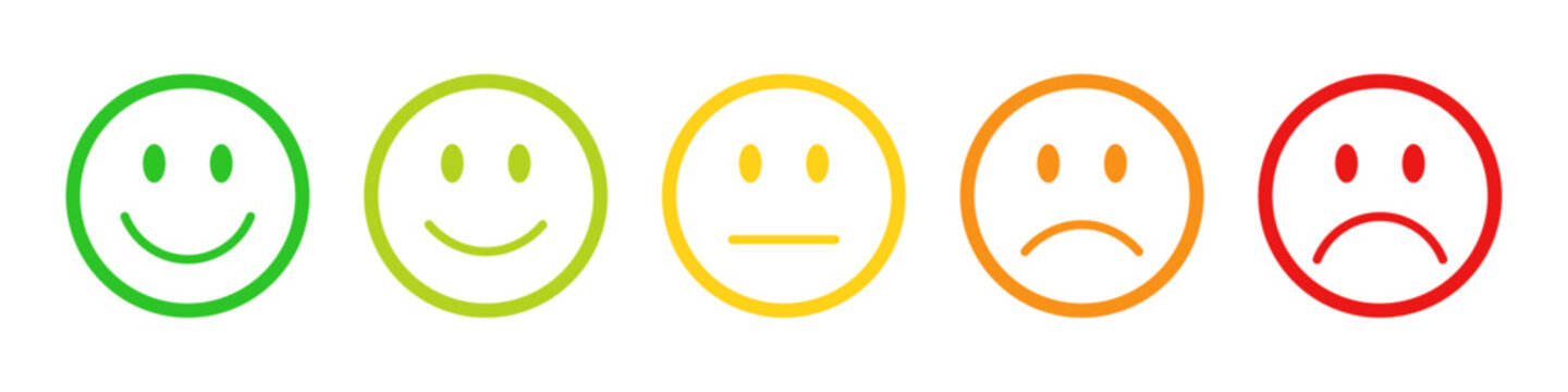 Naklejki Rating emojis set in different colors outline. Feedback emoticons collection. Very happy, happy, neutral, sad and very sad emojis. Flat icon set of rating and feedback emojis icons color outline.