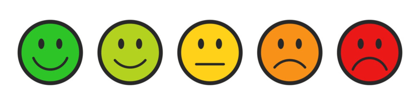 Rating emojis set in different colors with black outline. Feedback emoticons collection. Very happy, happy, neutral, sad and very sad emojis. Flat icon set of rating and feedback emojis icons.