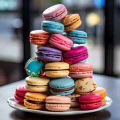 Fototapeta na wymiar A stack of colorful macarons on a dessert table.