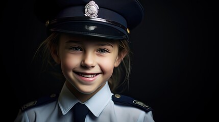Smiling girl wearing police uniform - obrazy, fototapety, plakaty