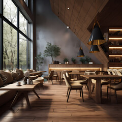 A stylish coffee shop with cozy seating and warm lighting.