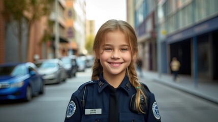 Smiling girl wearing police uniform - obrazy, fototapety, plakaty