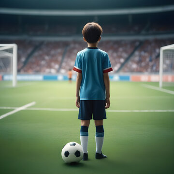 Kid standing in soccer stadium future dream to be a professional footballer.