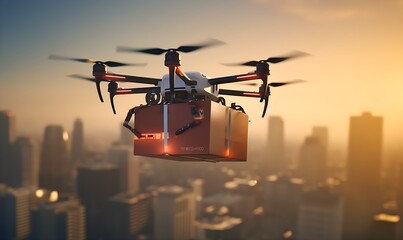 a single industrial drone carrying delivery boxes in the city sky 