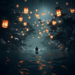 A surreal underwater scene with floating lanterns.