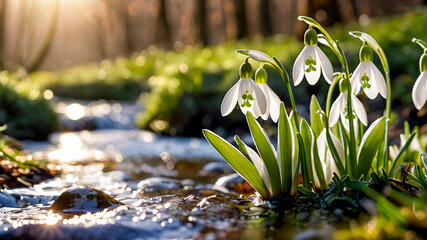 Snowdrop flowers blooming in the forest. Early spring in Europe.