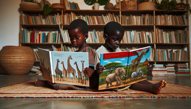 A young African boy and a girl sitting back to back reading books in the library. Reading exercises the Brain provides free entertainment and Improves Concentration. 