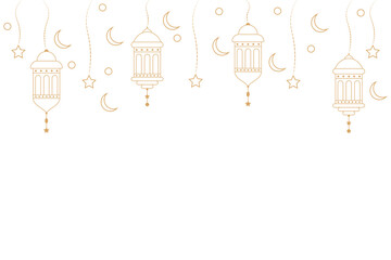 ramadan kareem lanterns garland. muslim ornamental hanging golden lanterns, stars and moon vector illustration. islamic oriental style garland in transparent background