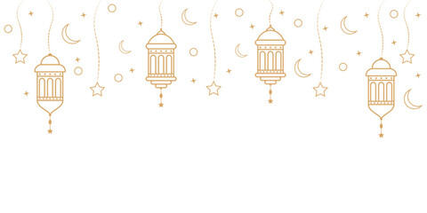 ramadan kareem lanterns garland. muslim ornamental hanging golden lanterns, stars and moon vector illustration. islamic oriental style garland in transparent background