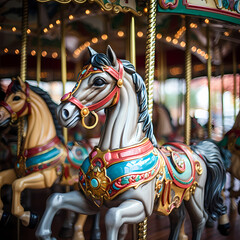 A vintage carousel with colorful horses.