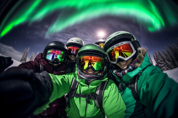 Friends clad in winter attire capture magical moment with selfie. Pals document adventure with mesmerizing Northern Lights in background