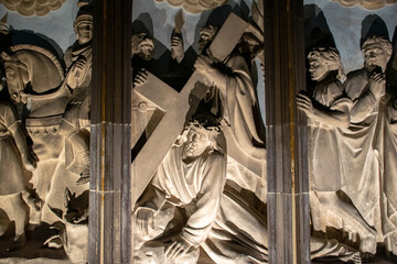 Statue of Jesus falling while lifting the cross in Orléans' Cathedral, Loiret, France