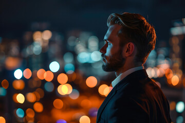 Corporate Ascent: Young Achiever Taking in Night Urban Beauty