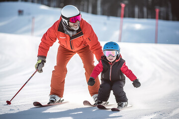 Caring father gives helpful tips to eager kid on snowy day. Dad demonstrates proper ski techniques to child teaching basics of skiing