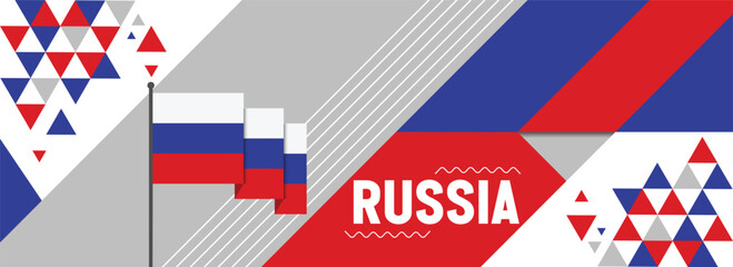 Russia national or independence day banner design for country celebration. Flag of Russian people with modern retro design and abstract geometric icons. Vector illustration - obrazy, fototapety, plakaty